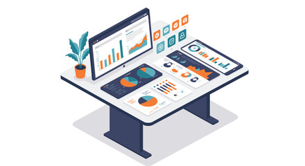 Poster - Isometric office workspace vector illustration: data analysis design for marketing and business visualization