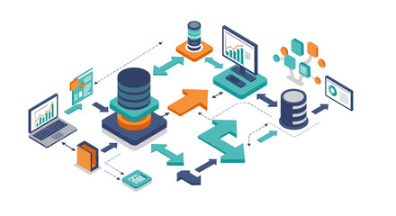 Poster - Database management system workflow vector illustration for it design, flat isometric style