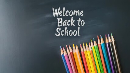 Poster - Colorful pencils lying on blackboard with welcome back to school message written with chalk represents beginning of academic year and learning