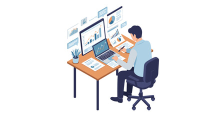Poster - Business analysis concept vector illustration: modern office desk, design for print, poster, flat style