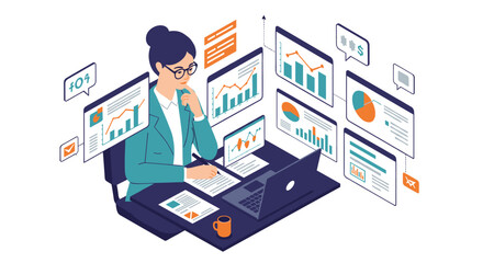 Poster - Business analytics concept vector illustration for corporate strategy and data study in isometric style