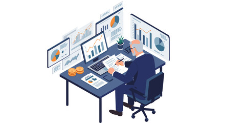 Poster - Business analytics workspace: flat vector illustration for data analysis and finance design