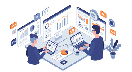 Poster - Business data analysis in office setting vector illustration for digital marketing and design