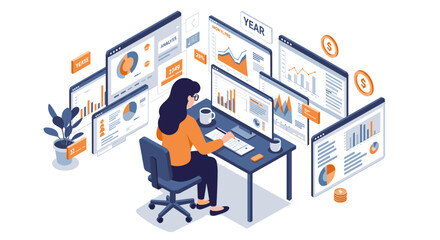 Poster - Business analytics workspace vector illustration for financial data analysis design