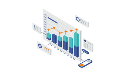 Fototapete - Business growth analysis vector illustration - bar and line graph data visualization for reports - isometric style