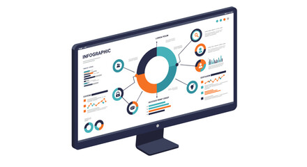 Poster - Infographic on computer monitor vector illustration for data analysis and presentation design in isometric style