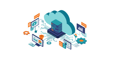 Poster - Cloud computing technology: isometric vector illustration for digital network design