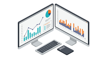 Poster - Isometric vector illustration of data analysis with dual monitors and graphs for business design