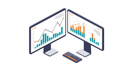 Poster - Isometric business analytics vector illustration: data analysis and finance dashboard