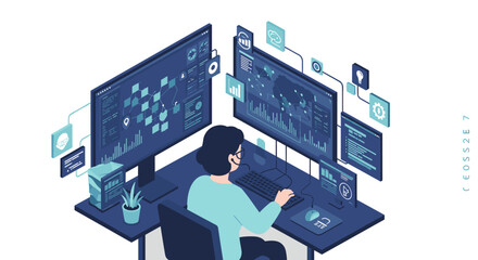 Poster - Cybersecurity monitoring vector illustration in isometric style for technology posters