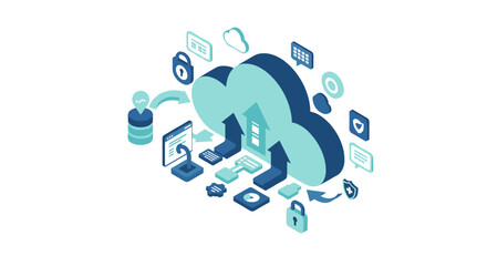 Poster - Cloud computing technology concept and data integration vector illustration for digital solutions in isometric style