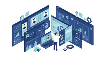 Fototapete - Technology dashboard vector illustration: analyze data trends in isometric style for digital solutions