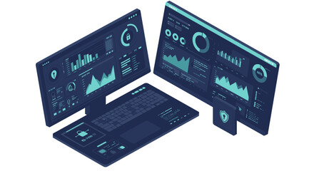 Fototapete - Cybersecurity modern control center vector illustration for data analysis and network monitoring in isometric design
