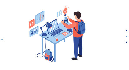Poster - Isometric business office vector illustration: remote work, technology, young professional, design for presentation, flat style
