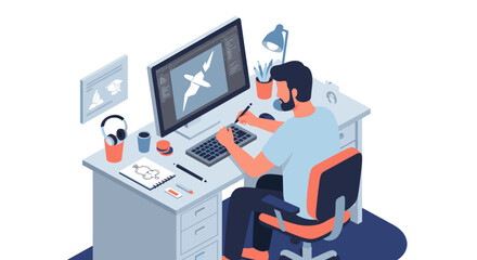 Poster - Graphic designer at work desk - home office vector illustration for design portfolio and creative projects in isometric style