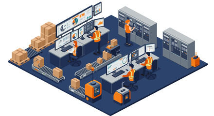 Poster - Warehouse management system control room vector illustration in isometric style for logistics and technology design