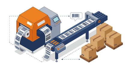 Poster - Futuristic warehouse automation: barcode labeling machine vector illustration for logistics concept design