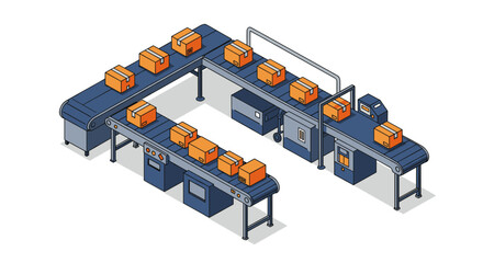 Poster - Flat isometric conveyor belt system with cardboard boxes vector illustration for logistics and manufacturing design