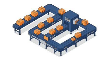 Poster - Isometric conveyor belt system with boxes vector illustration for industrial design