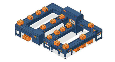 Poster - Isometric vector illustration of a modern production line conveyor system for industrial and logistics design