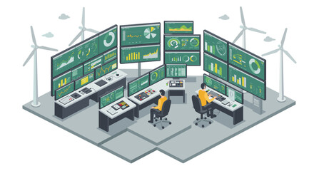 Poster - Renewable energy control center vector illustration - flat design for technology, sustainability, and data analysis