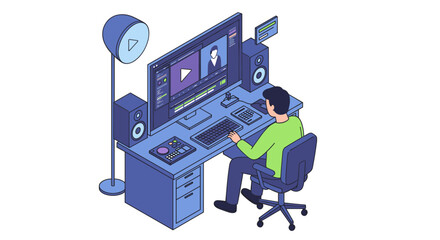 Poster - Video editing studio vector illustration: man working at computer desk, isometric