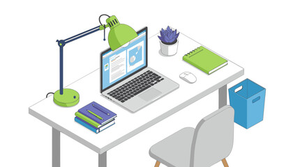 Poster - Modern office desk workspace vector illustration: isometric design for print and posters