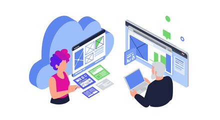 Fototapete - Collaborative cloud-based web design and development vector illustration in modern isometric style