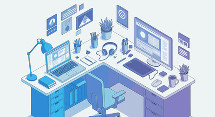 Poster - Modern workplace setup: isometric vector illustration for creative office design