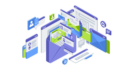 Poster - Email communication vector illustration: digital correspondence for web design in isometric style