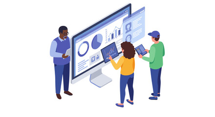 Poster - Team collaboration illustration: isometric vector for technology, data analytics, and digital innovation