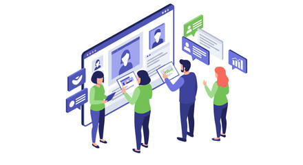 Poster - Collaborative teamwork concept vector illustration in isometric style for digital communication and project management design