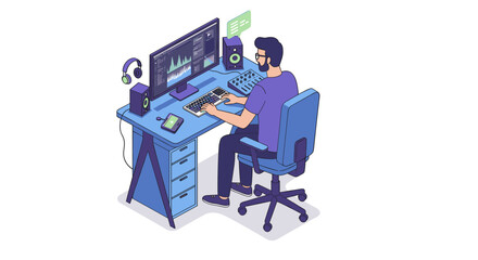 Poster - Home music studio setup vector illustration: modern workspace design in isometric style for creative projects
