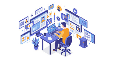 Poster - Digital workspace productivity vector illustration: flat isometric style for design, office poster, web, and print