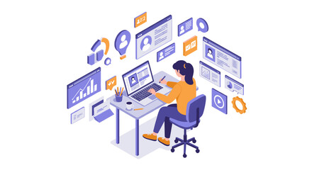 Poster - Freelancer digital workspace vector illustration: flat design for online project management concepts