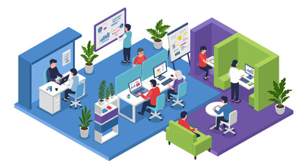 Poster - Modern office workspace concept vector illustration: collaborative zones for effective teamwork in isometric style