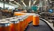 © AndiAzis - A single orange can stands out on a conveyor belt in a bustling beverage factory, ready for distribution.