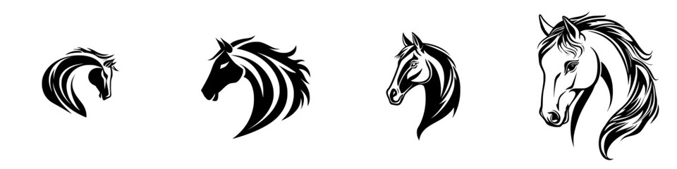 Poster - Black icons of various horse head designs showcasing different styles and artistic interpretations during a contemporary art display