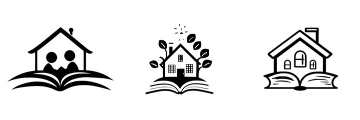 Poster - Creative black icons representing home, community, and nature with books as the central theme during a conceptual design session