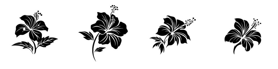 Poster - Elegant black hibiscus flower icons arranged in a line showcasing different styles and details in a minimalistic design setting