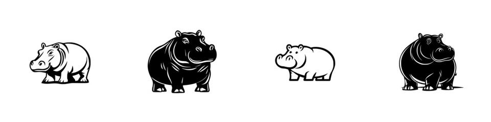 Poster - Stylized black and white hippo icons showcasing different designs and postures in a minimalist style
