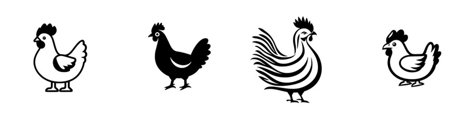 Poster - Diverse styles of chicken icons featuring various designs and poses in a black and white format