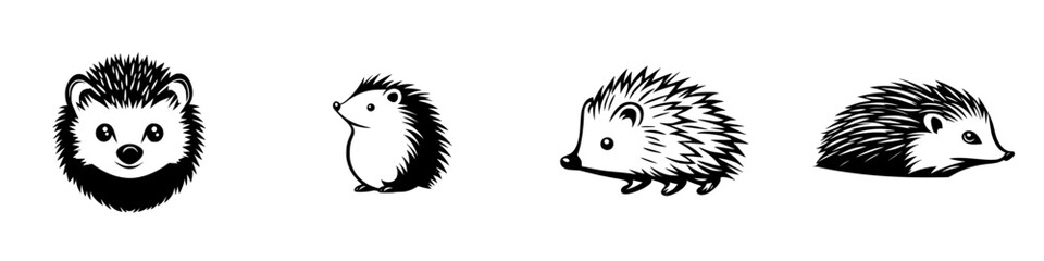 Poster - Multiple black icons of hedgehogs showcasing different poses and expressions in a minimalist design suitable for various creative projects