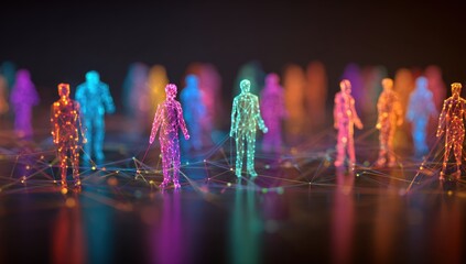 Fototapete - Illuminated Network: A vibrant web of interconnected glowing human figures symbolizes global communication and digital connection.