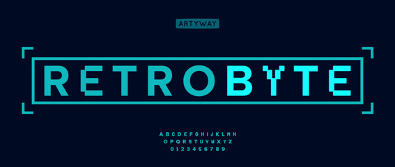 Leinwandbilder - Cyberpunk pixel alphabet, geometric digital numbers letters set, retro gaming font with bold LED style, matrix typeface for tech video game headline, arcade console typography. Vector typeset.