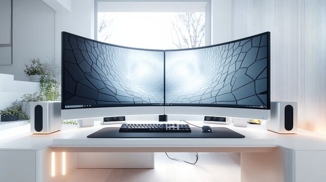 Modern home office workspace with curved monitors