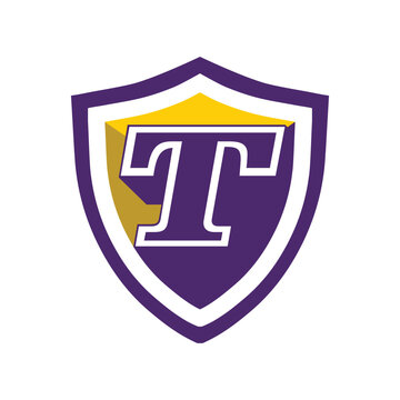 This is a logo of an initial letter T on a shield in bold font in college varsity style in purple and yellow color in simple flat style that looks bold and sporty on a white background
