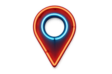 Fototapete - Glowing location pin in vibrant red and blue neon, marking precise geographical point against transparent backdrop