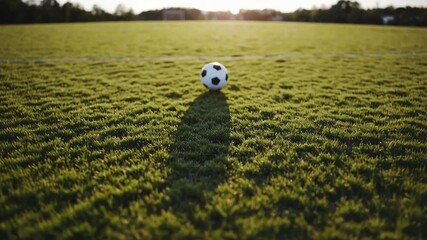 Poster - Classic leather soccer ball rests on a vibrant green field, casting a long shadow under the warm glow of the setting sun, creating a serene and peaceful atmosphere