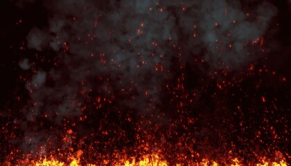 Aufkleber - intense blaze and rising embers under thick black smoke in a battlefield inferno scene with glowing particles and ash sparks engulfing the darkness in fiery destruction


